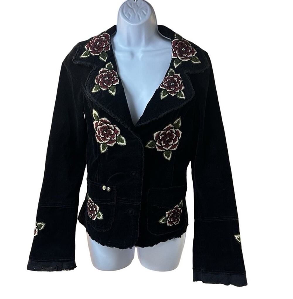 Johnny Was Joystick Black Corduroy Flower Embroidered Jacket Womens M Boho